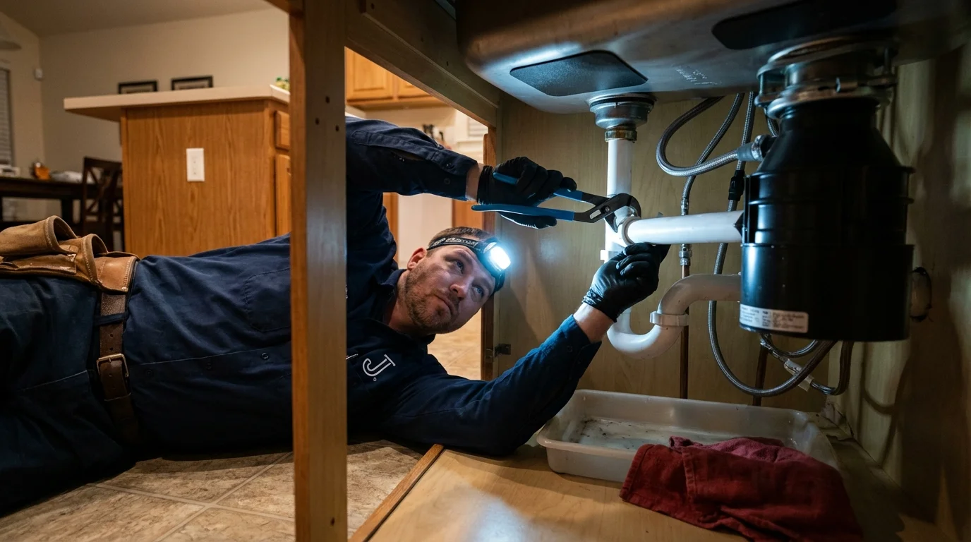 P-trap and supply line connections under a kitchen sink showing a common leak point in Abingdon, VA
